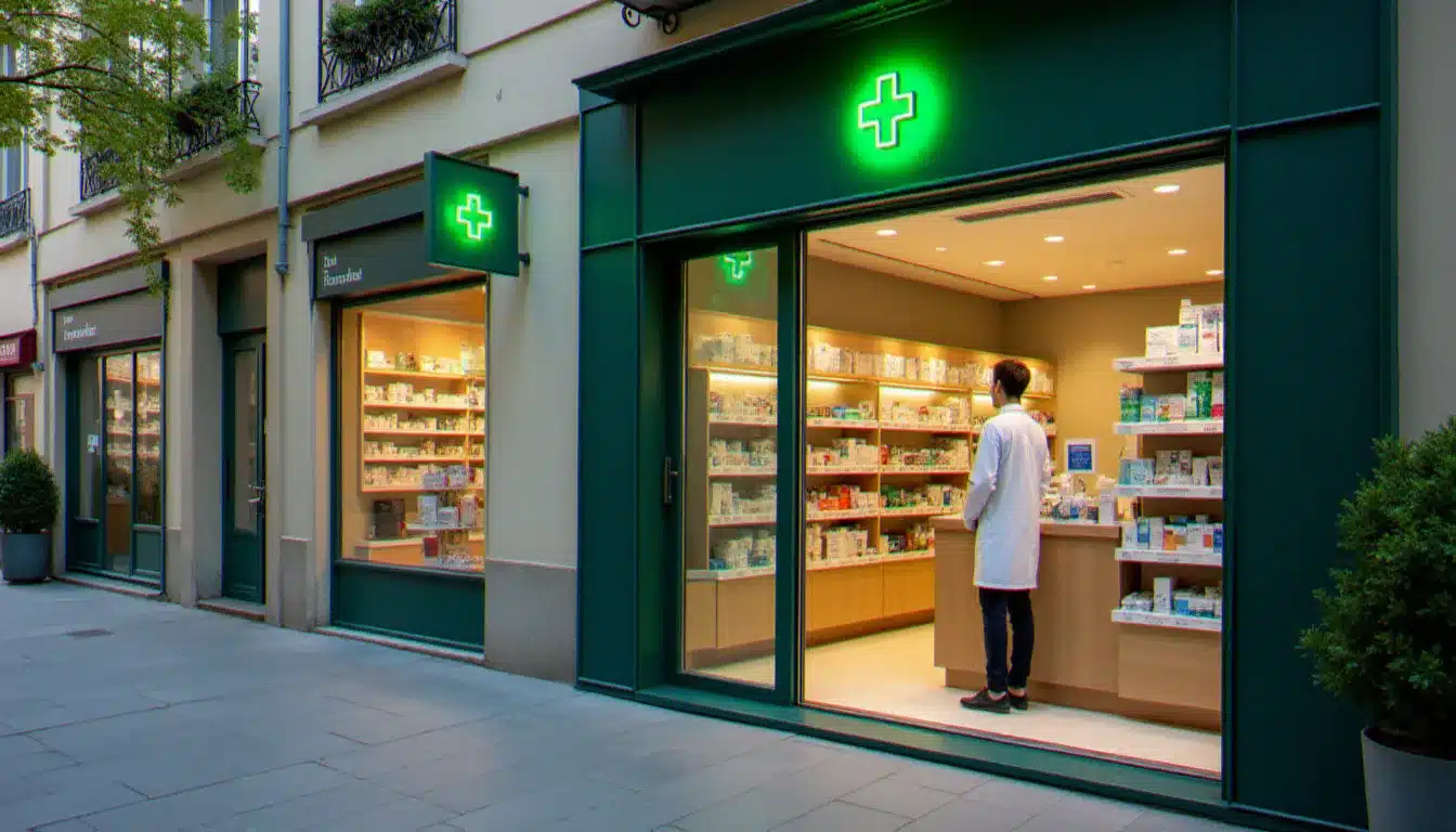 Devanture lumineuse d'une pharmacie à Annemasse avec la croix verte et une pharmacienne accueillant un client à l'entrée de l'officine