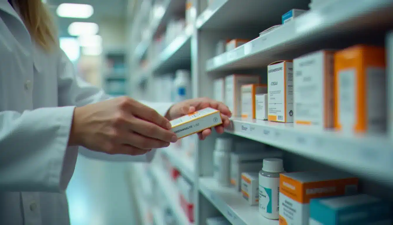Mains d'un pharmacien organisant des boîtes de médicaments dans une officine, représentant les services de délivrance disponibles dans une pharmacie à Argenteuil