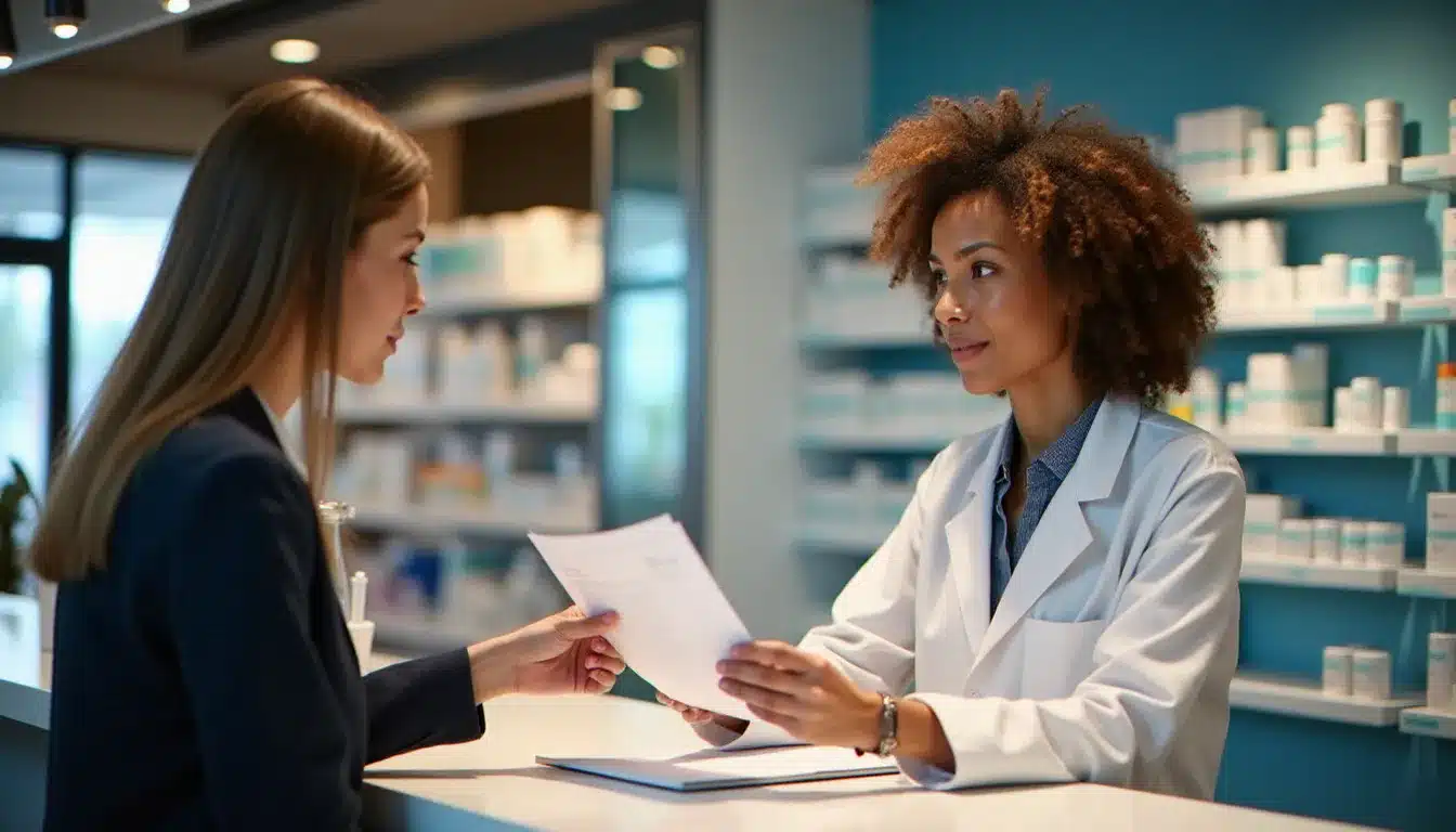 Un patient remet son ordonnance à un pharmacien au comptoir d'une pharmacie, illustrant la délivrance de médicaments sur prescription à Argenteuil