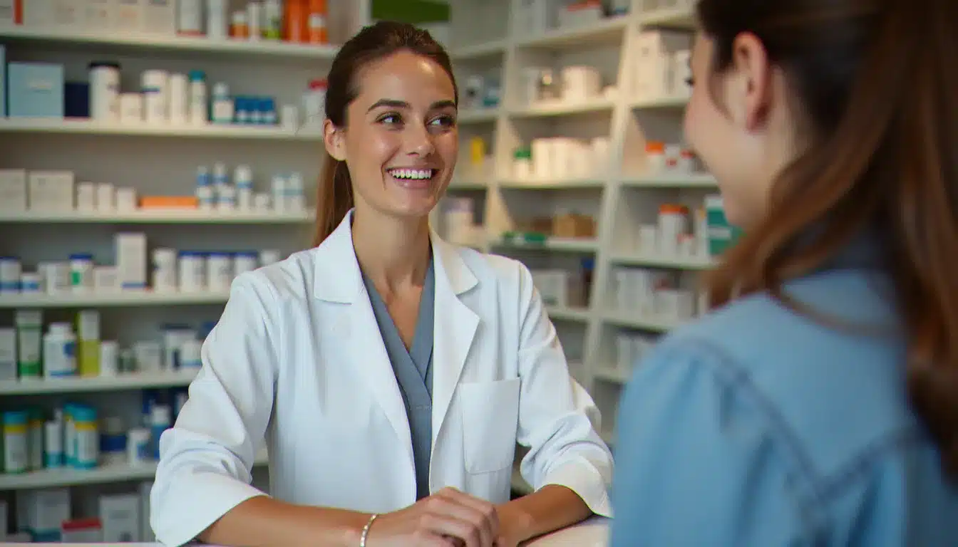 Une pharmacienne en blouse blanche accueille un patient dans une pharmacie de proximité à Argenteuil, illustrant le conseil pharmaceutique personnalisé