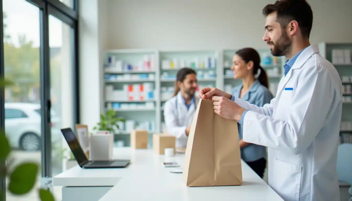 Intérieur d'une pharmacie à Arras avec un pharmacien en blouse blanche conseillant un patient au comptoir