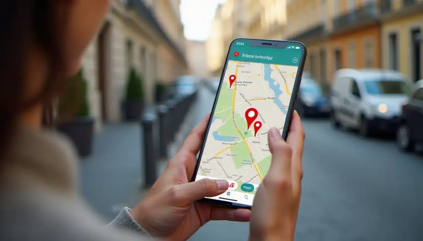 Personne utilisant son téléphone pour localiser une pharmacie à Beauvais sur une application de cartographie