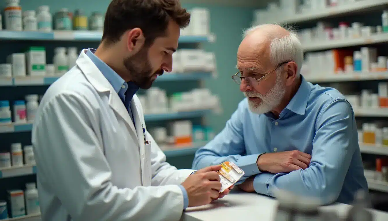 Pharmacien expliquant la notice d'un médicament sans ordonnance à un patient âgé dans une officine française