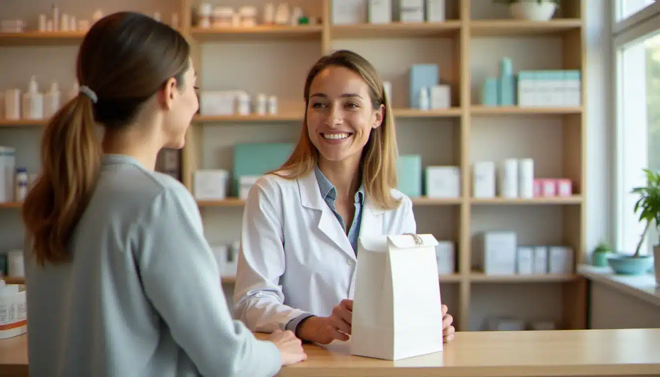 Pharmacienne souriante dans une pharmacie de Beauvais remettant un médicament à une cliente au comptoir