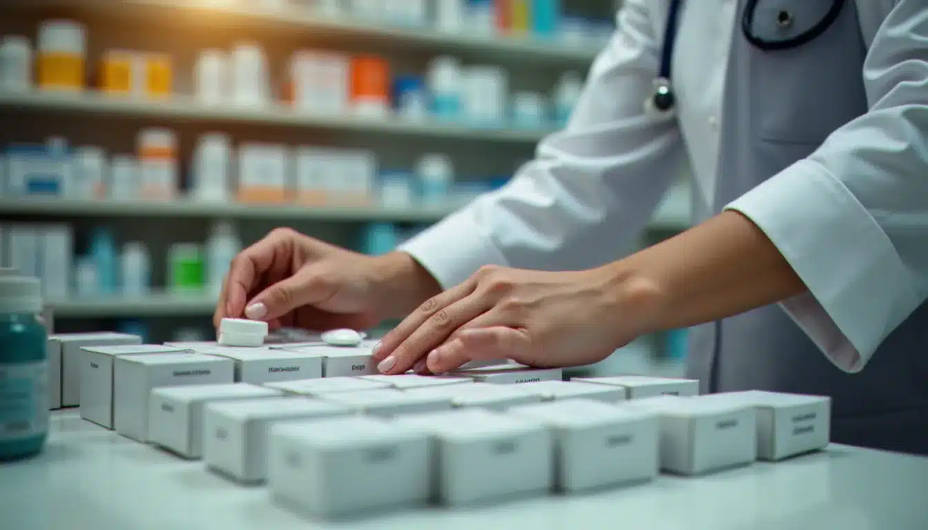 Pharmacienne organisant des médicaments sur ordonnance dans une officine, rayonnages de médicaments visibles en arrière-plan