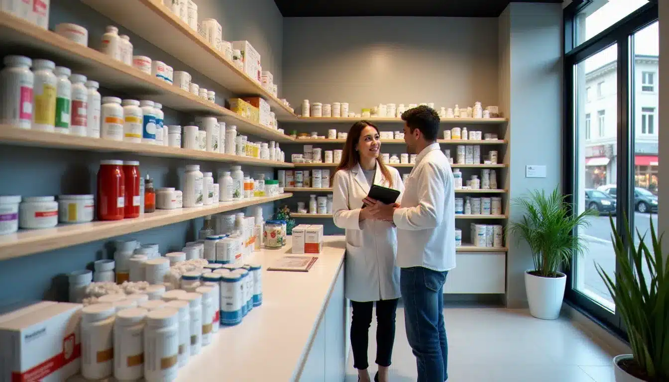 Rayon parapharmacie d'une pharmacie française avec compléments alimentaires et soins cosmétiques, pharmacien conseillant un client