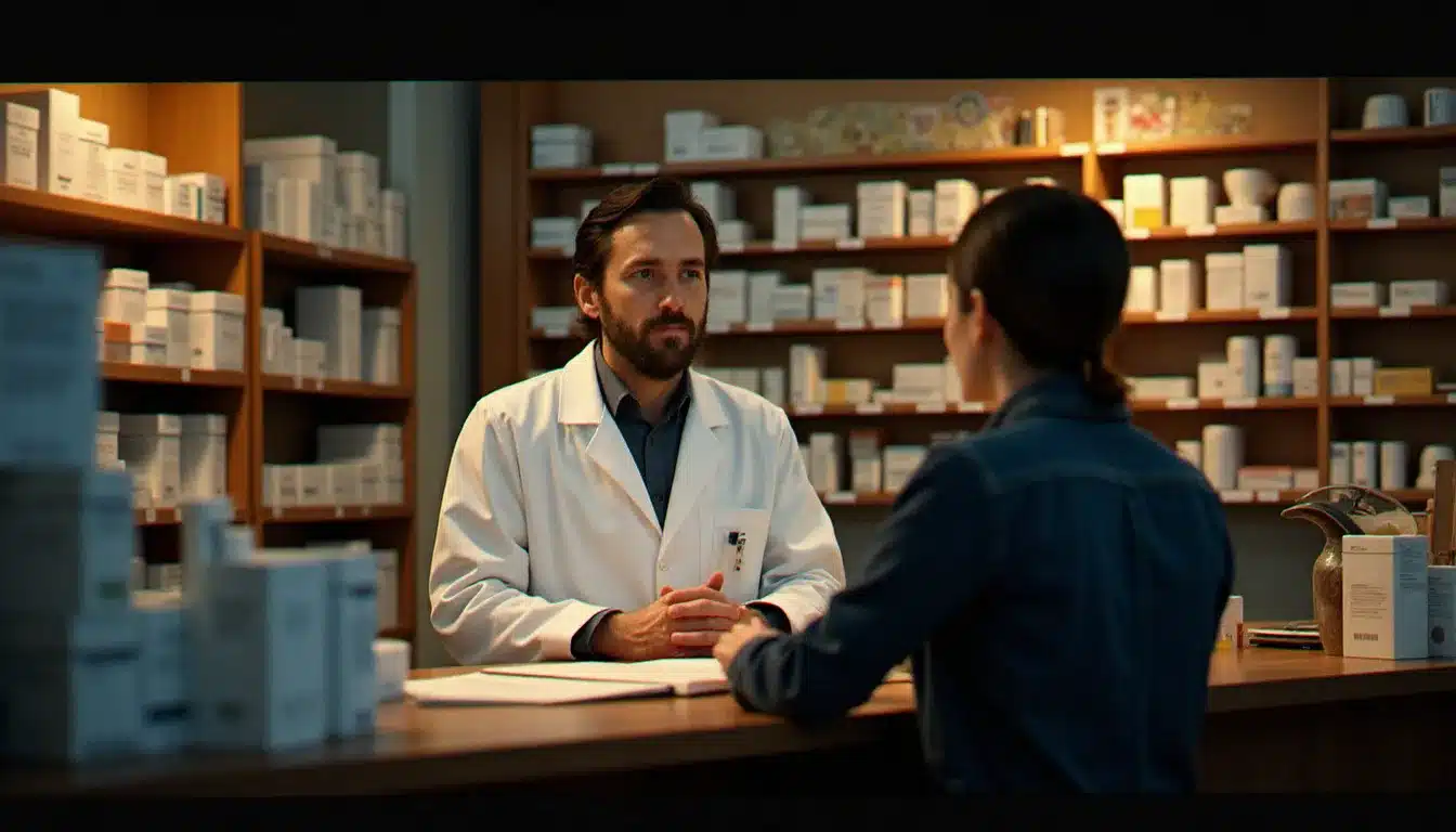 Pharmacien grenoblois en blouse blanche conseillant un patient au comptoir d'une pharmacie de garde pendant les heures nocturnes