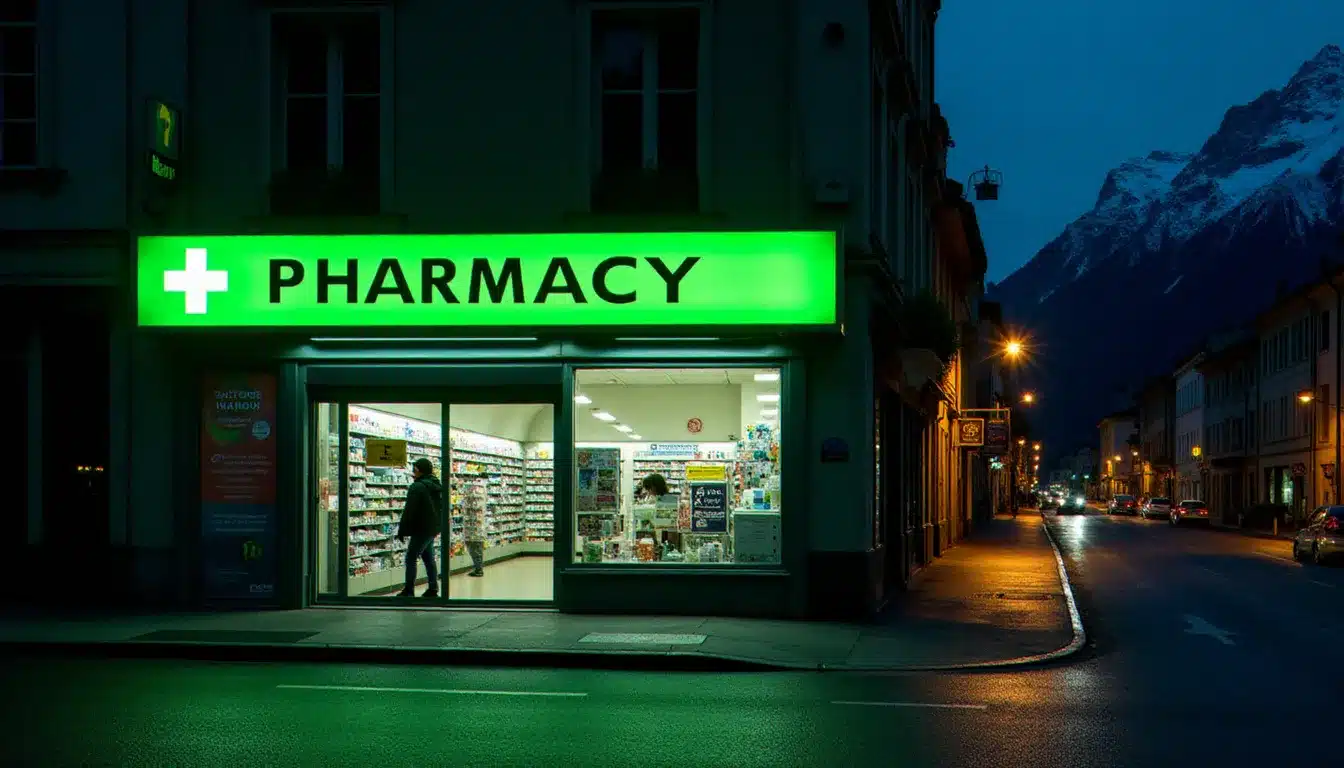 Pharmacie de garde à Grenoble la nuit avec croix verte lumineuse et reflets sur le pavé mouillé, montagnes en arrière-plan