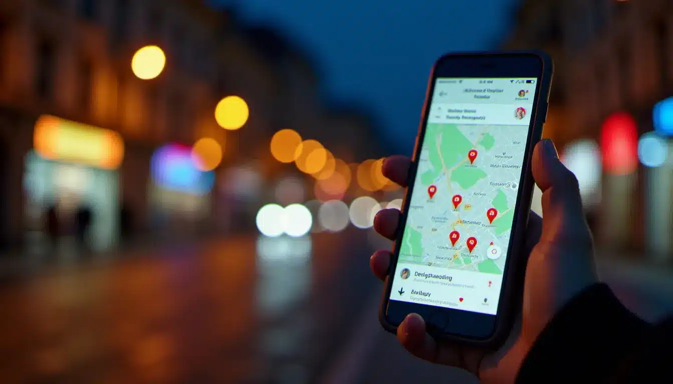 Personne cherchant une pharmacie de garde sur une application mobile de géolocalisation de nuit