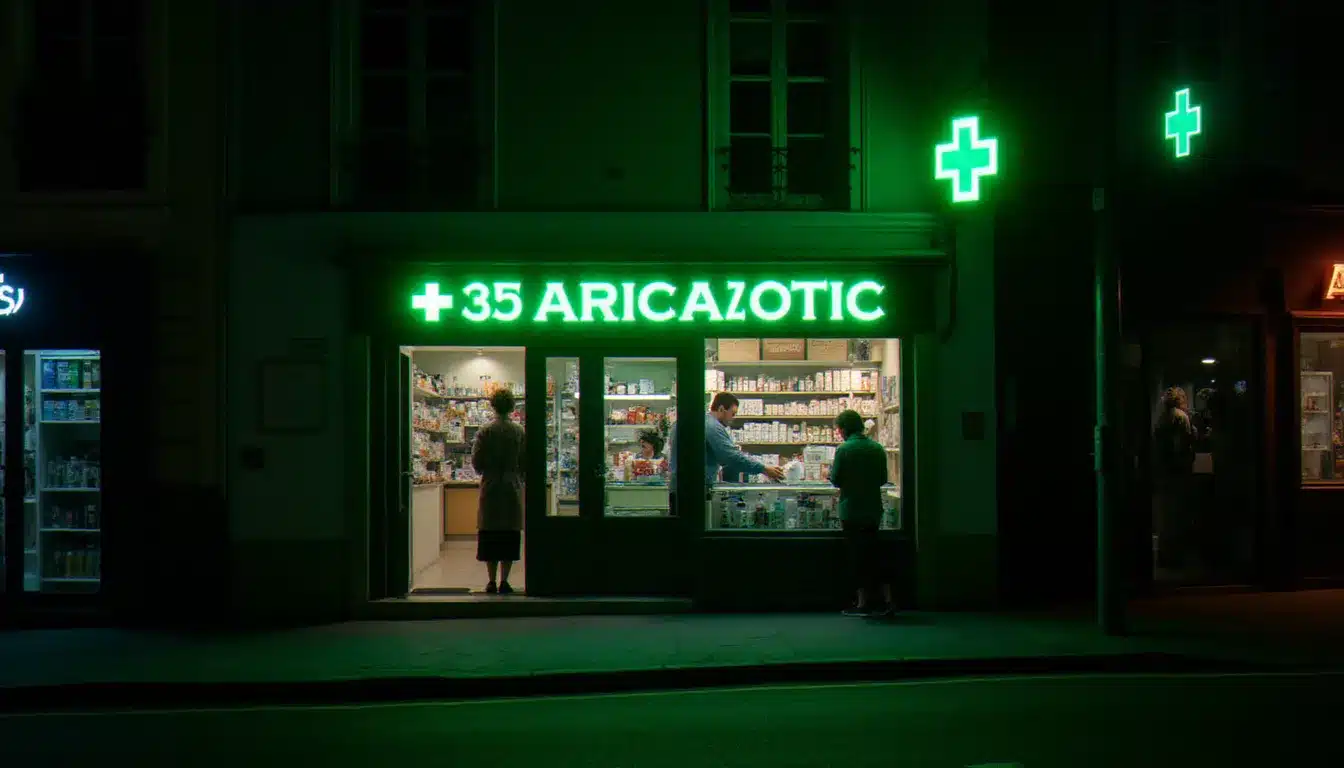Pharmacie de garde à Lyon la nuit avec la croix verte allumée et un pharmacien au comptoir