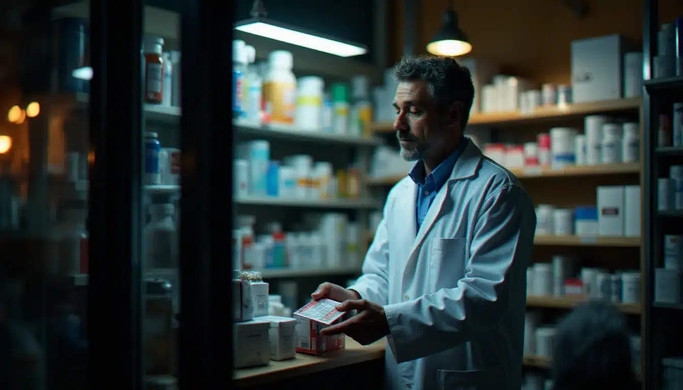 Pharmacien remettant un médicament à un patient à travers le guichet de nuit d'une pharmacie de garde