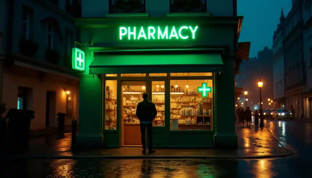 Pharmacie de garde ouverte la nuit à Montpellier, croix verte lumineuse et rue pavée sous la pluie
