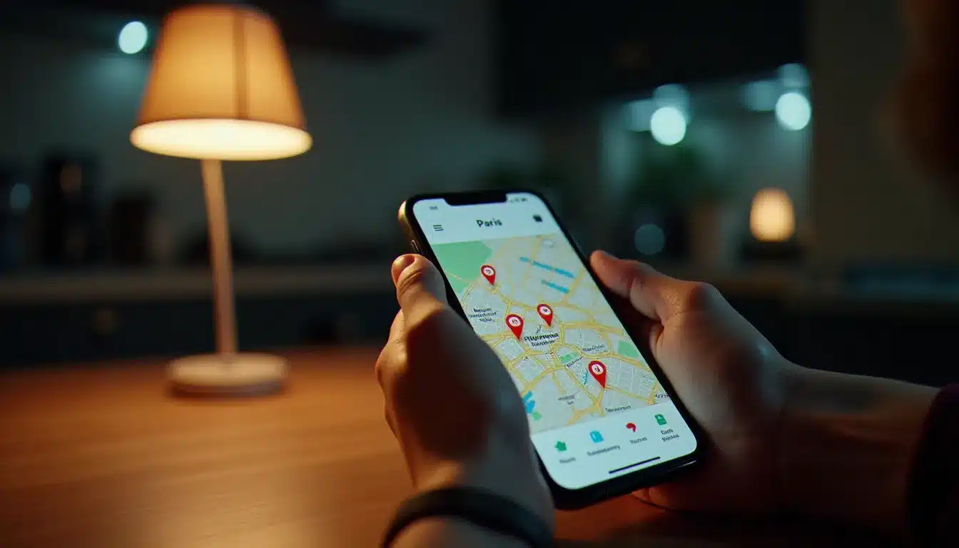 Personne cherchant une pharmacie de garde à Paris sur son téléphone portable la nuit