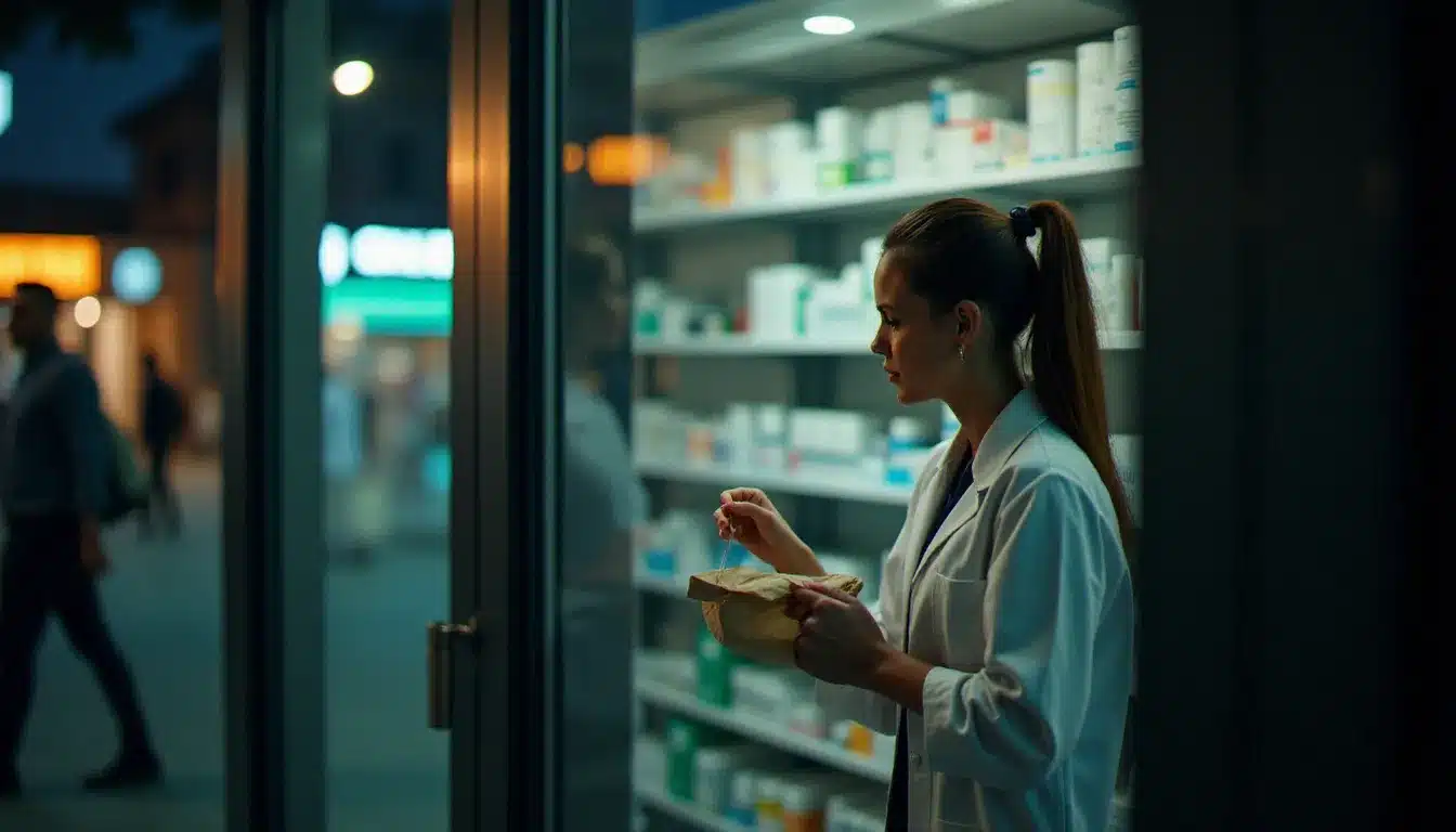 Pharmacienne remettant un médicament à un patient au guichet de nuit d'une pharmacie de garde