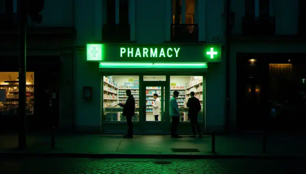 Pharmacie de garde à Paris la nuit avec croix verte lumineuse et pharmacien au guichet