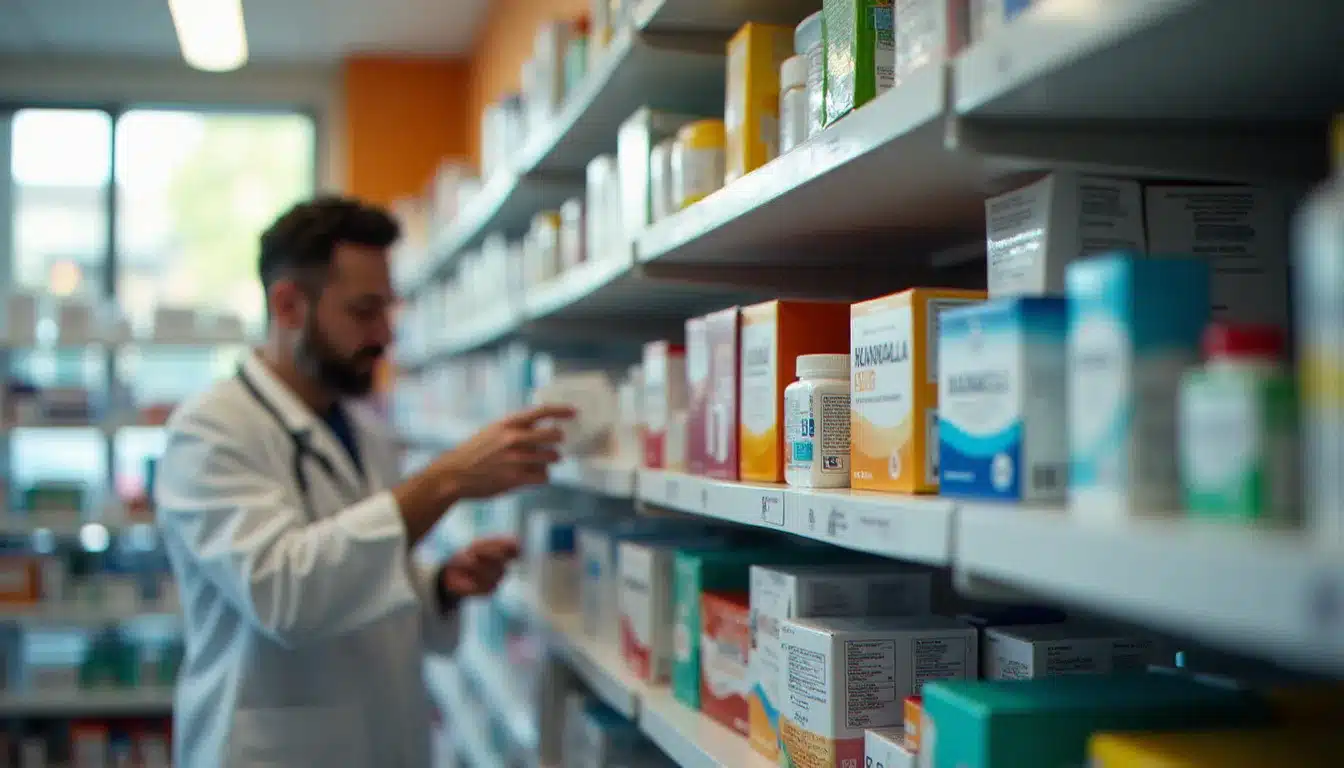 Les rayons bien organisés d'une pharmacie proposant une large gamme de médicaments et de produits de parapharmacie