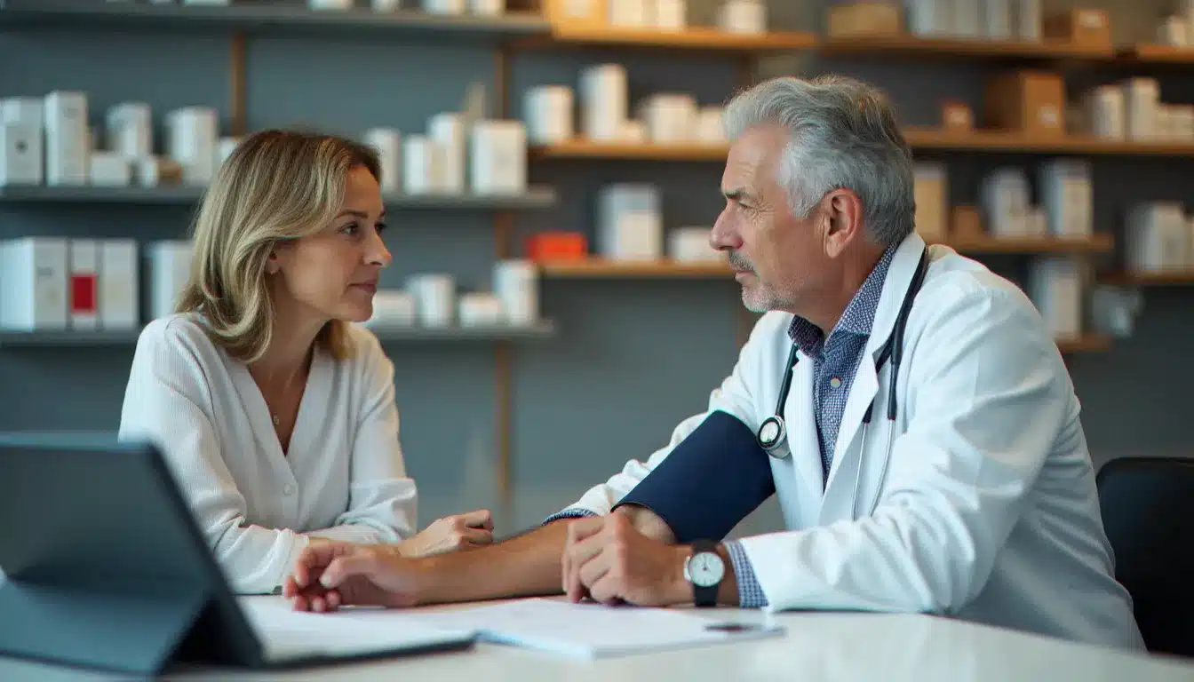 Un pharmacien réalise un dépistage de tension artérielle pour une patiente senior, illustrant le rôle préventif des pharmacies modernes