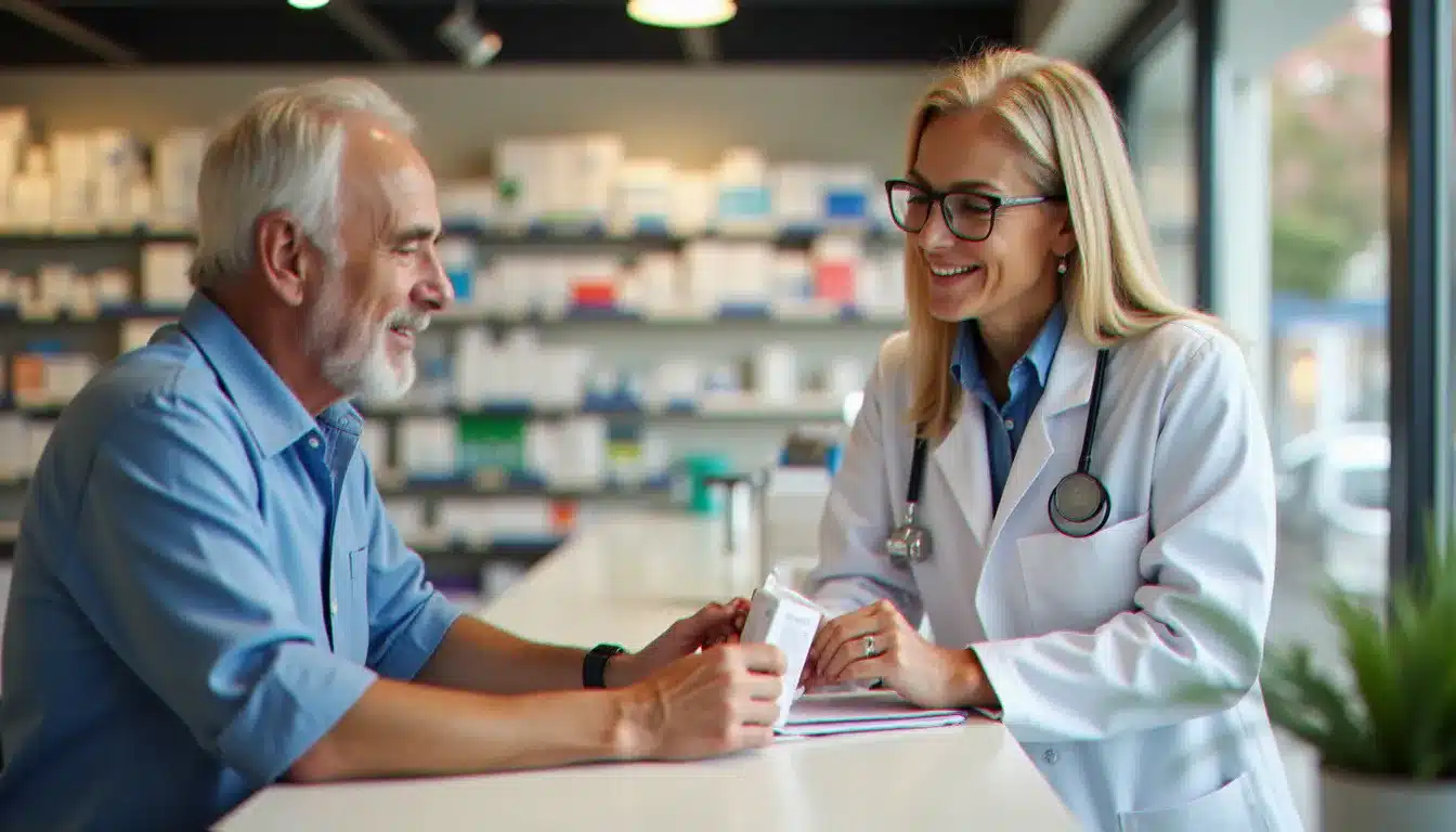 Pharmacienne en blouse blanche conseillant un patient âgé au comptoir d'une officine, illustrant les services personnalisés proposés à la pharmacie du parc de Vichy