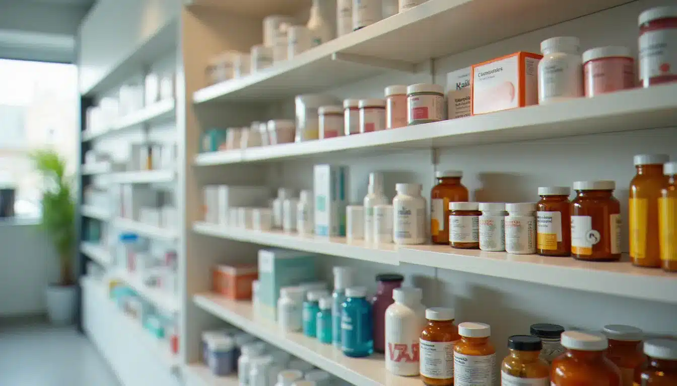 Rayons parapharmacie soigneusement organisés dans une officine française, avec produits de soin dermo-cosmétiques et compléments alimentaires, représentatifs de l'offre bien-être de la pharmacie du parc
