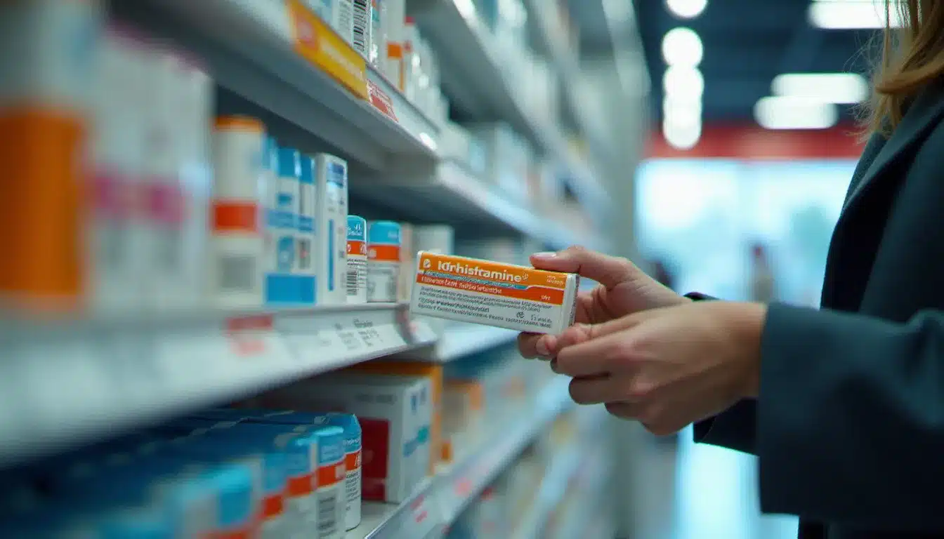 Rayon de médicaments sans ordonnance bien organisé dans une pharmacie en grande surface, avec des boîtes colorées classées par catégorie