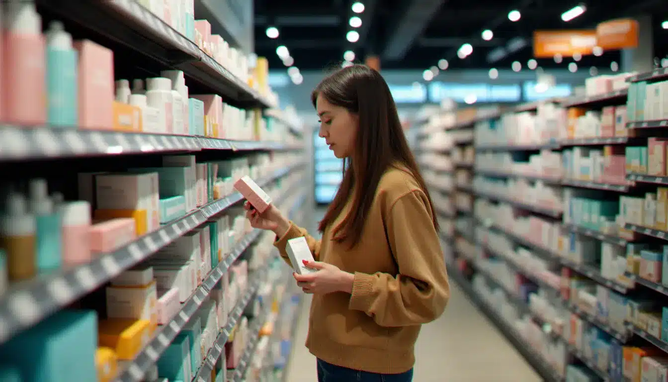Section parapharmacie spacieuse dans une pharmacie Intermarché, avec des produits cosmétiques et compléments alimentaires alignés sur des étagères modernes