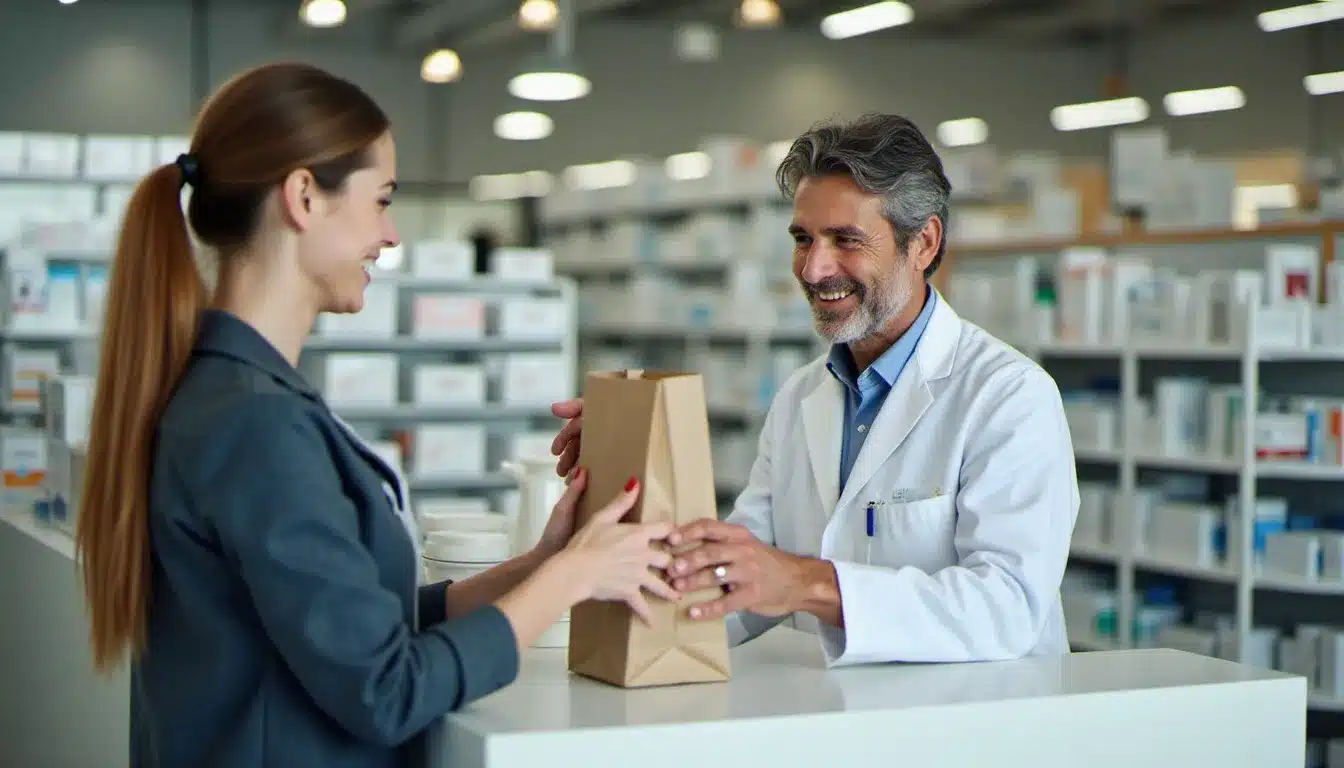 Une pharmacienne en blouse blanche remettant des médicaments à une cliente dans une pharmacie Intermarché lumineuse et moderne