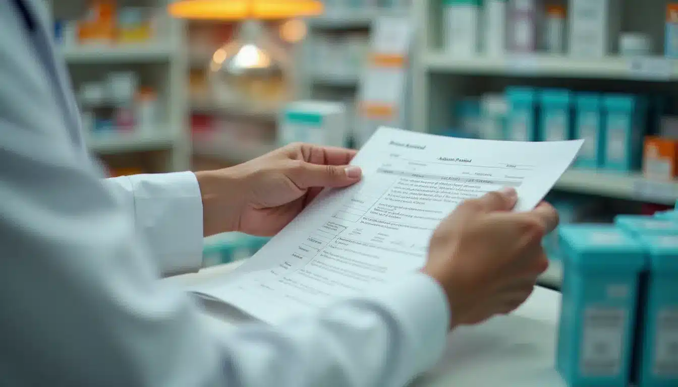 Mains d'un pharmacien vérifiant une ordonnance médicale posée sur le comptoir d'une officine