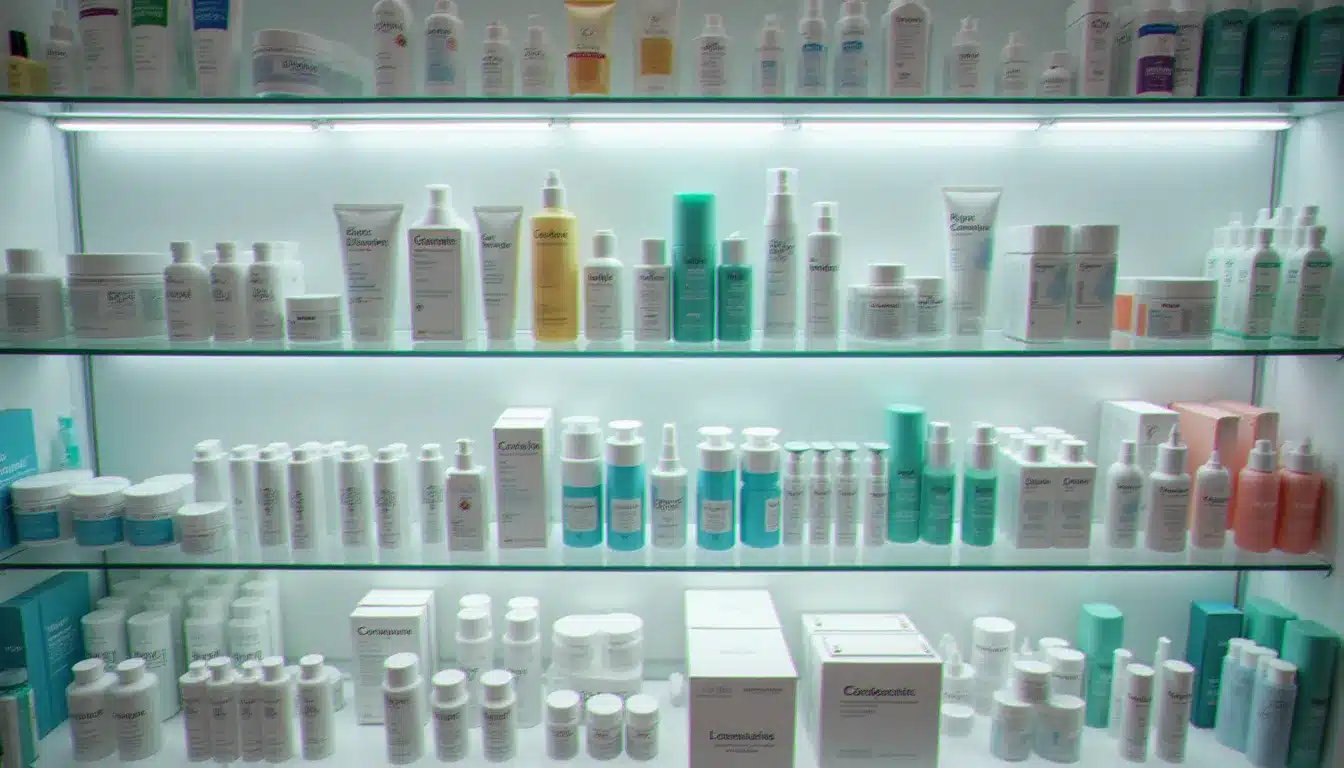 Rayon parapharmacie d'une pharmacie à Metz avec compléments alimentaires et produits cosmétiques dermatologiques exposés