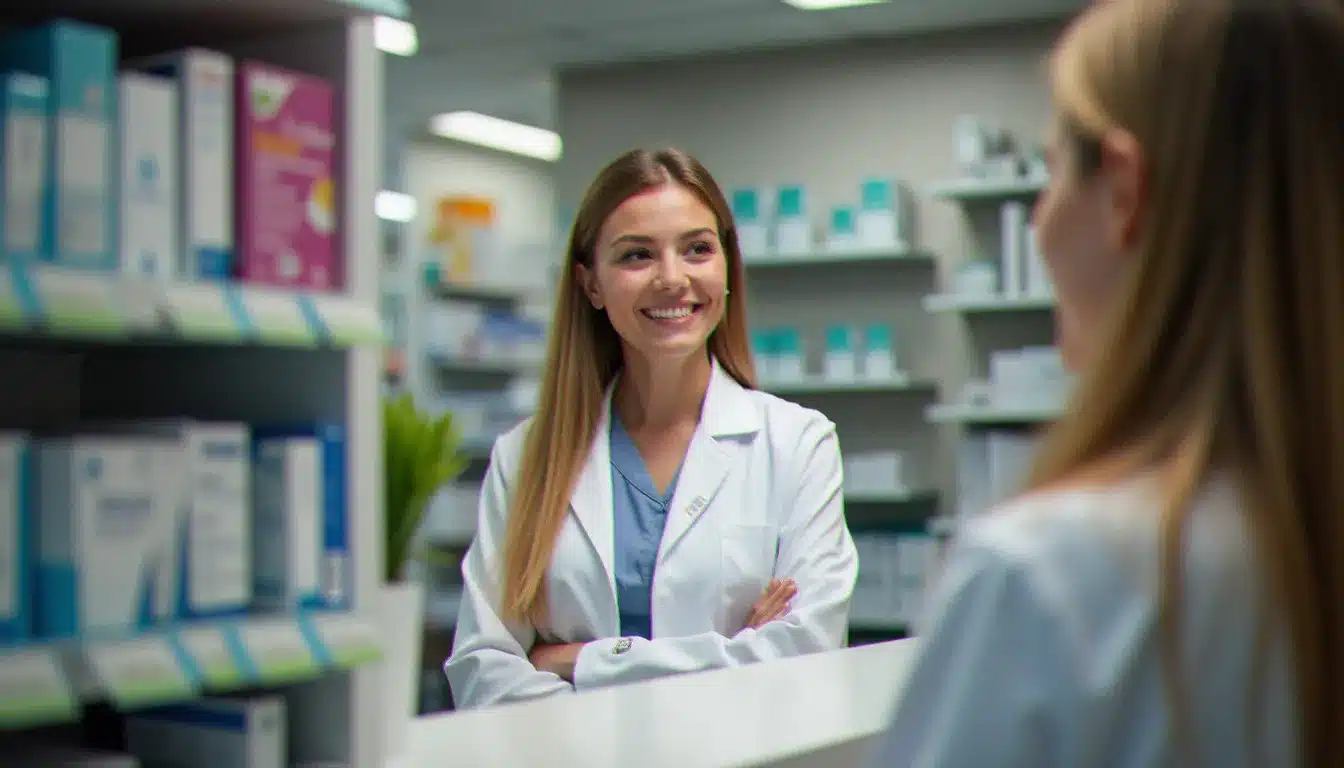 Pharmacienne en blouse blanche accueillant un client dans une pharmacie à Metz, rayonnages de médicaments en arrière-plan