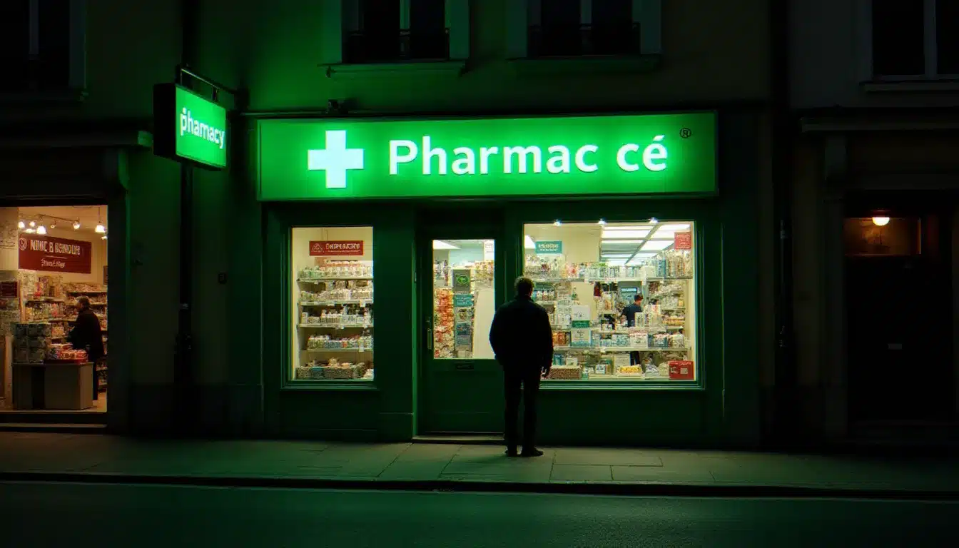 Pharmacie de garde à Mulhouse la nuit avec la croix verte allumée, un client sonnant pour obtenir des médicaments en urgence