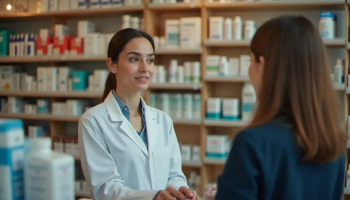 Pharmacienne en consultation avec une patiente dans une officine de Mulhouse, rayons de médicaments visibles en arrière-plan