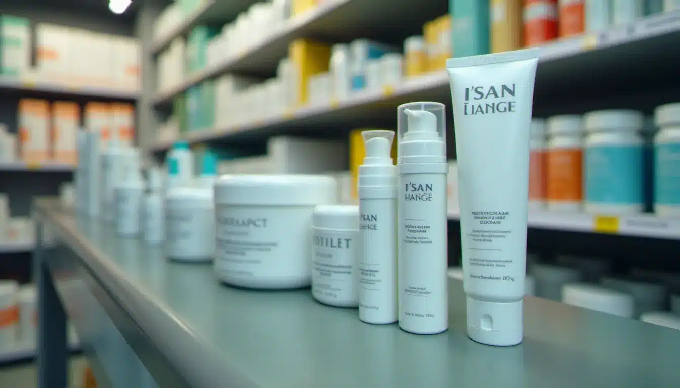 Rayons parapharmacie bien ordonnés dans une officine française, crèmes dermatologiques et compléments alimentaires présentés en pharmacie à Mulhouse