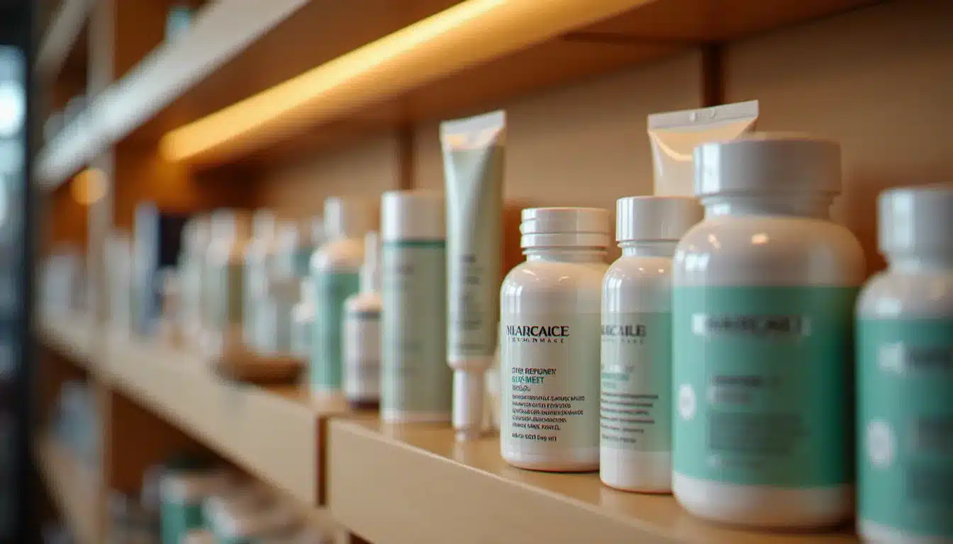 Rayon parapharmacie bien organisé dans une pharmacie à Mulhouse, avec compléments alimentaires, vitamines et soins dermatologiques en libre accès