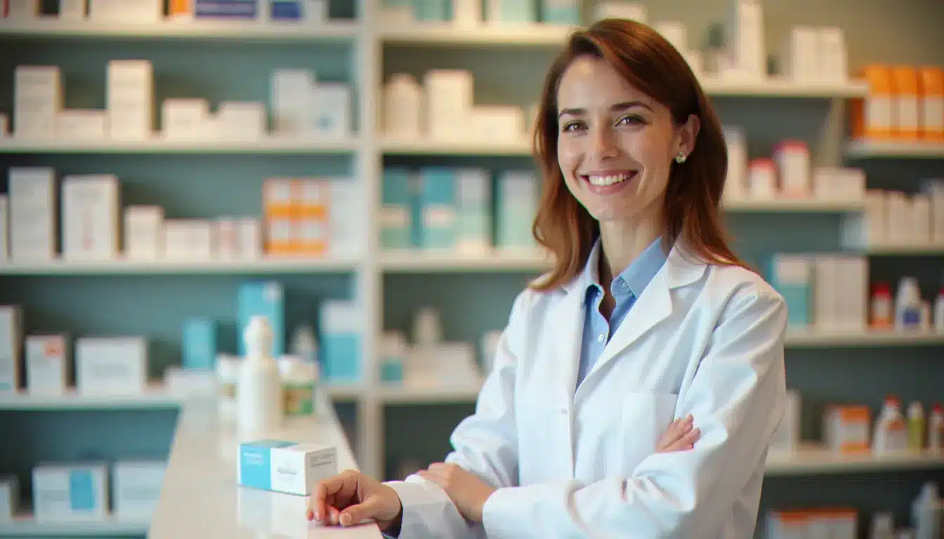 Pharmacienne souriante derrière le comptoir d'une pharmacie à Mulhouse, environnement moderne et lumineux
