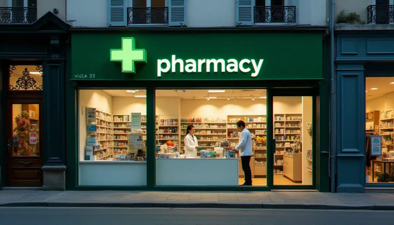 Devanture d'une pharmacie à Mulhouse avec croix verte illuminée et pharmacienne accueillant un patient au comptoir