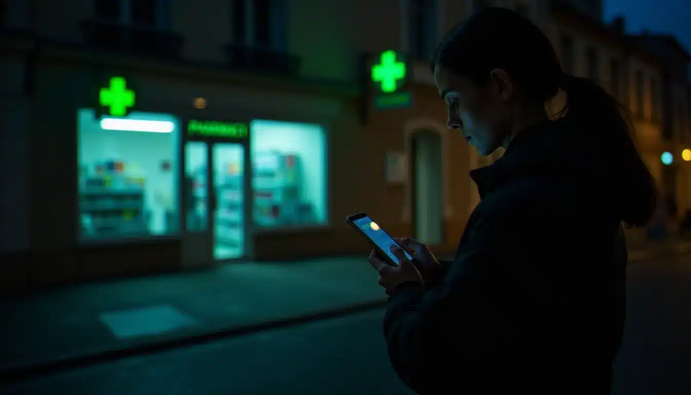 Personne consultant son téléphone devant une pharmacie de garde la nuit à Pau, croix verte lumineuse visible en vitrine