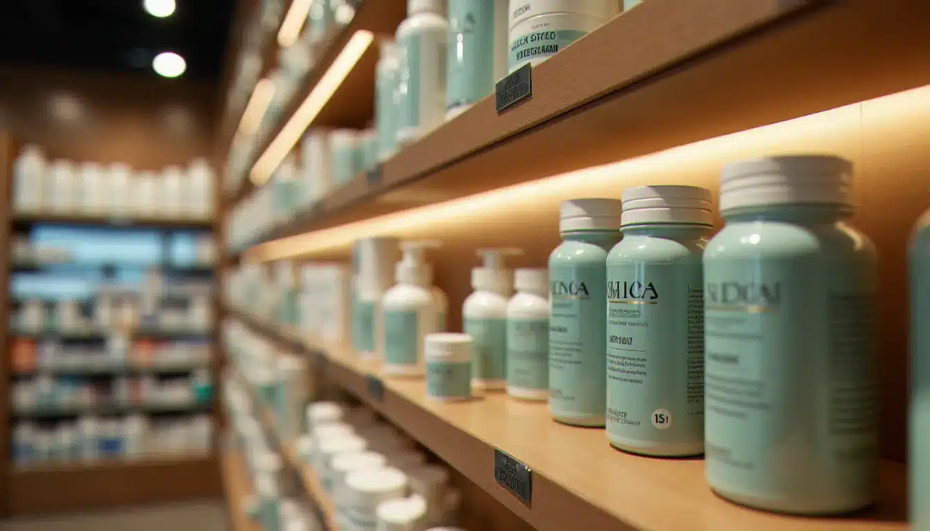 Rayons de parapharmacie bien organisés dans une officine française, avec produits de soin, compléments alimentaires et cosmétiques dermatologiques