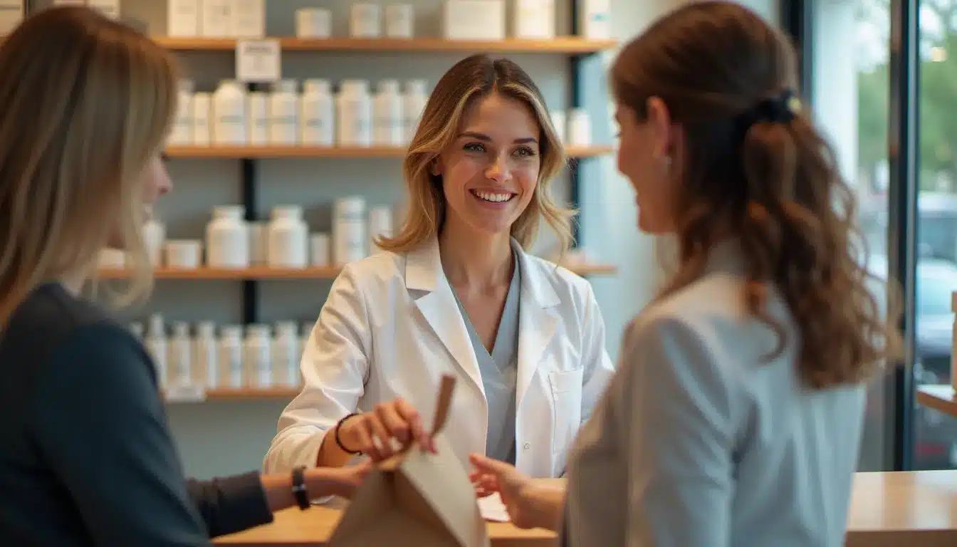 Pharmacienne conseillant une cliente dans une pharmacie de Pau, comptoir lumineux et rayonnages de médicaments en arrière-plan