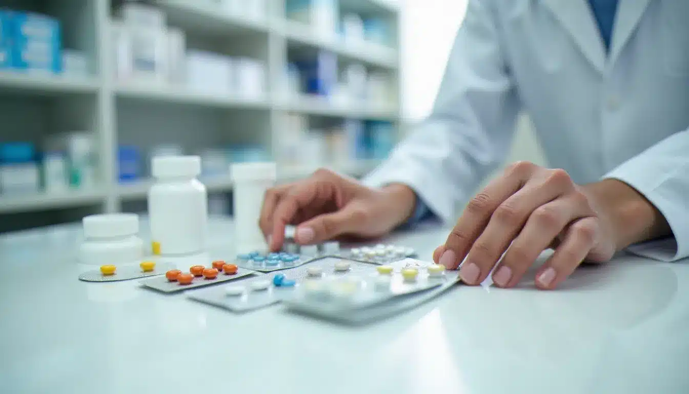 Boîtes de médicaments et blisters disposés soigneusement sur le comptoir d'une officine, illustrant les services de délivrance en pharmacie