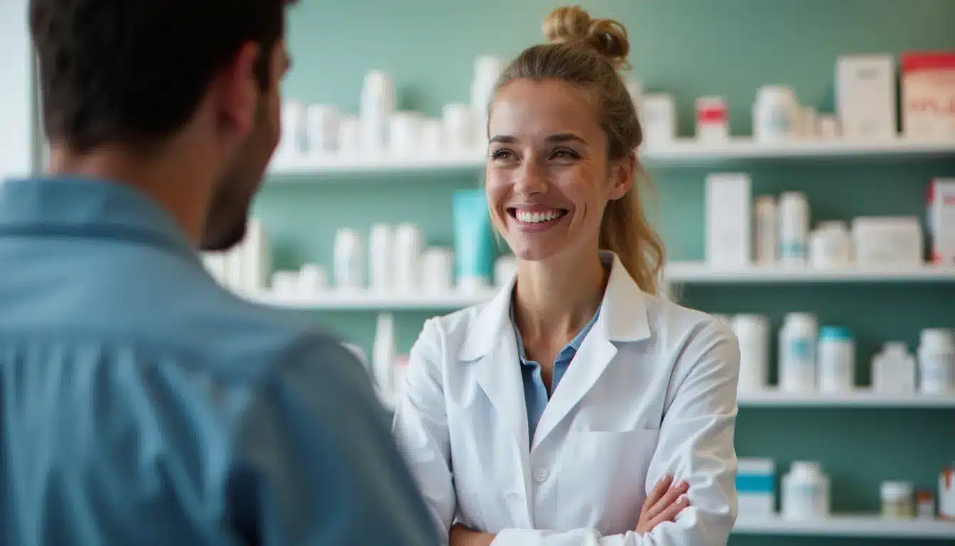 Pharmacienne en blouse blanche accueillant un patient au comptoir d'une pharmacie à Perpignan