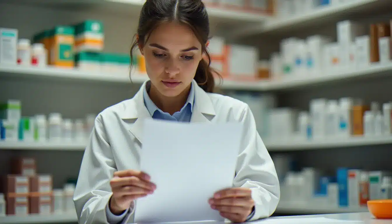 Pharmacienne qui analyse attentivement une ordonnance médicale au comptoir d'une officine de proximité