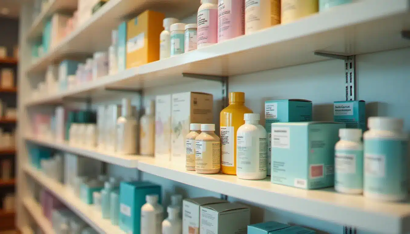 Rayons de parapharmacie bien organisés proposant compléments alimentaires, soins dermatologiques et produits bébé dans une officine