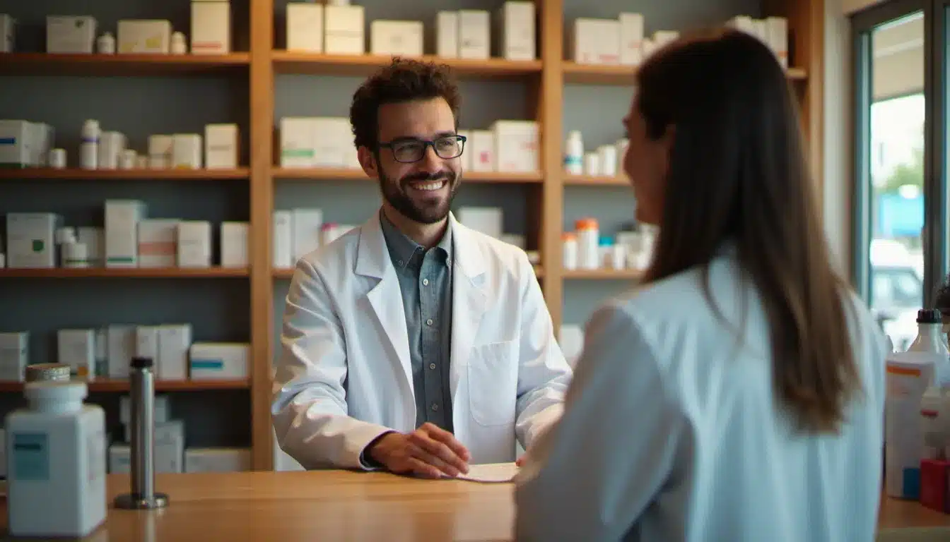 Intérieur lumineux d'une pharmacie de quartier comme la pharmacie Plus du Bourg avec un pharmacien accueillant au comptoir