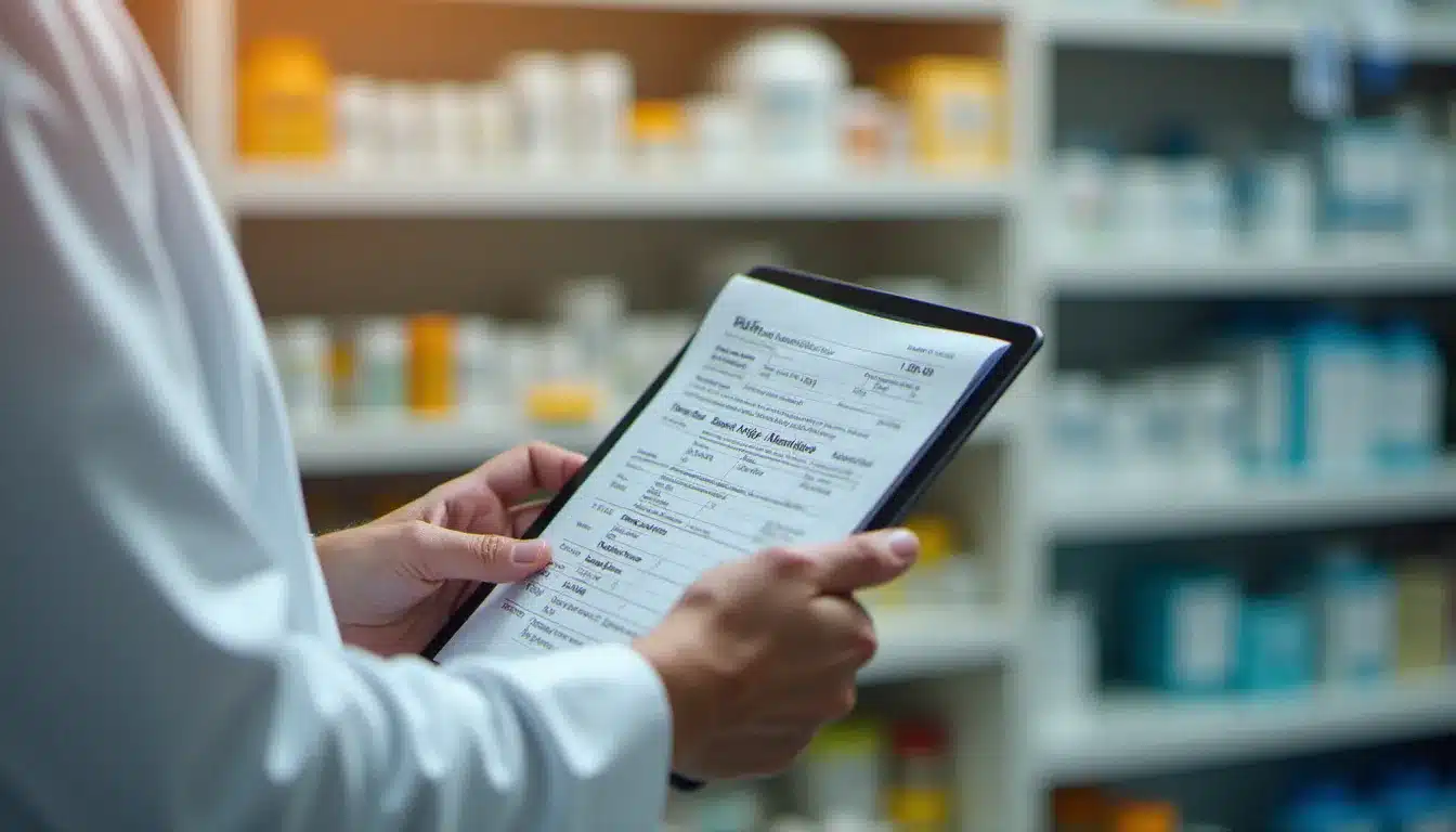 Mains d'un pharmacien vérifiant une ordonnance médicale avec une tablette affichant le dossier pharmaceutique du patient