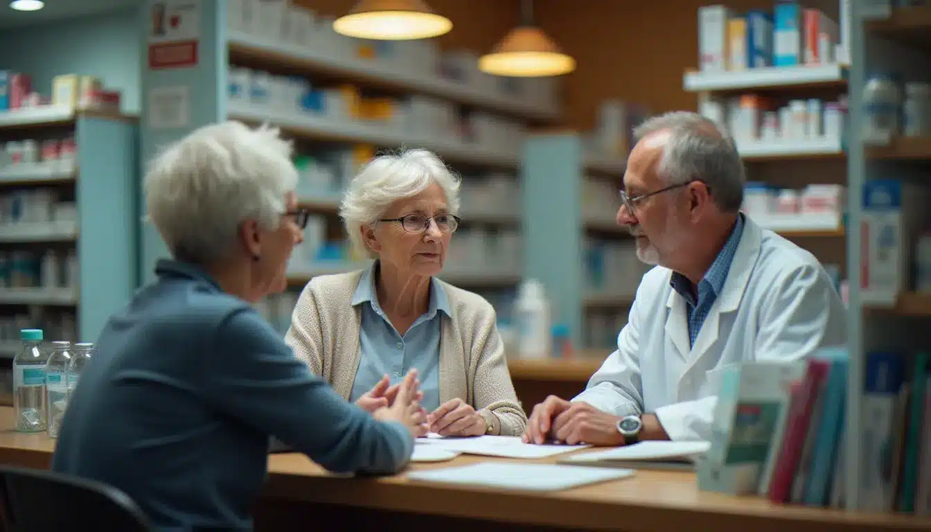 Entretien pharmaceutique personnalisé entre une pharmacienne et deux patients seniors dans une officine de quartier, conseil santé de proximité