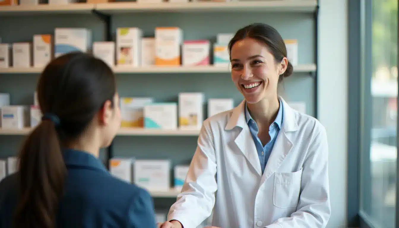 Pharmacienne en blouse blanche accueillant un patient au comptoir de la pharmacie principale de la porte d'Orléans, officine moderne et lumineuse