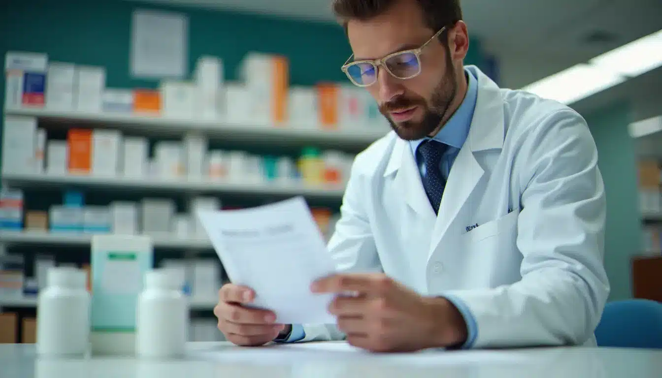 Pharmacien examinant attentivement une ordonnance médicale au comptoir d'une pharmacie, avec des boîtes de médicaments disposées devant lui