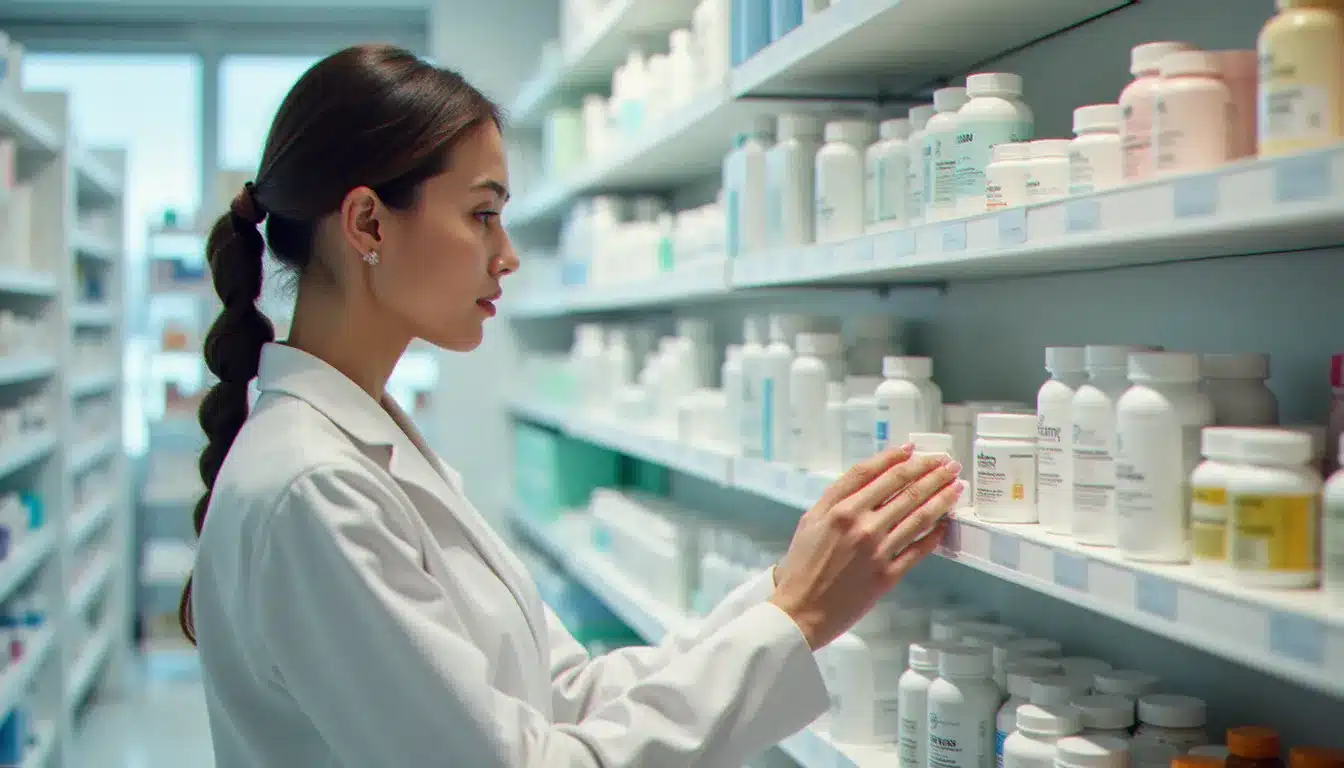 Rayon parapharmacie d'une officine française avec compléments alimentaires et soins dermatologiques, une cliente examinant les produits disponibles