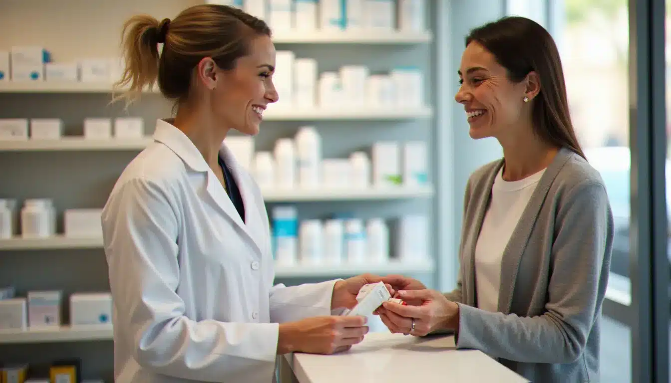 Pharmacienne en blouse blanche conseillant une cliente dans une pharmacie moderne à Rouen, intérieur lumineux avec rayons bien organisés