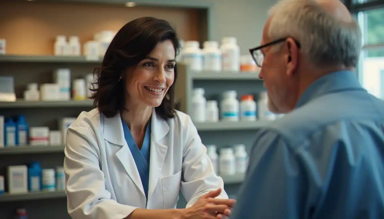 Pharmacienne écoutant attentivement un patient âgé au comptoir d'une pharmacie, illustrant le conseil pharmaceutique personnalisé